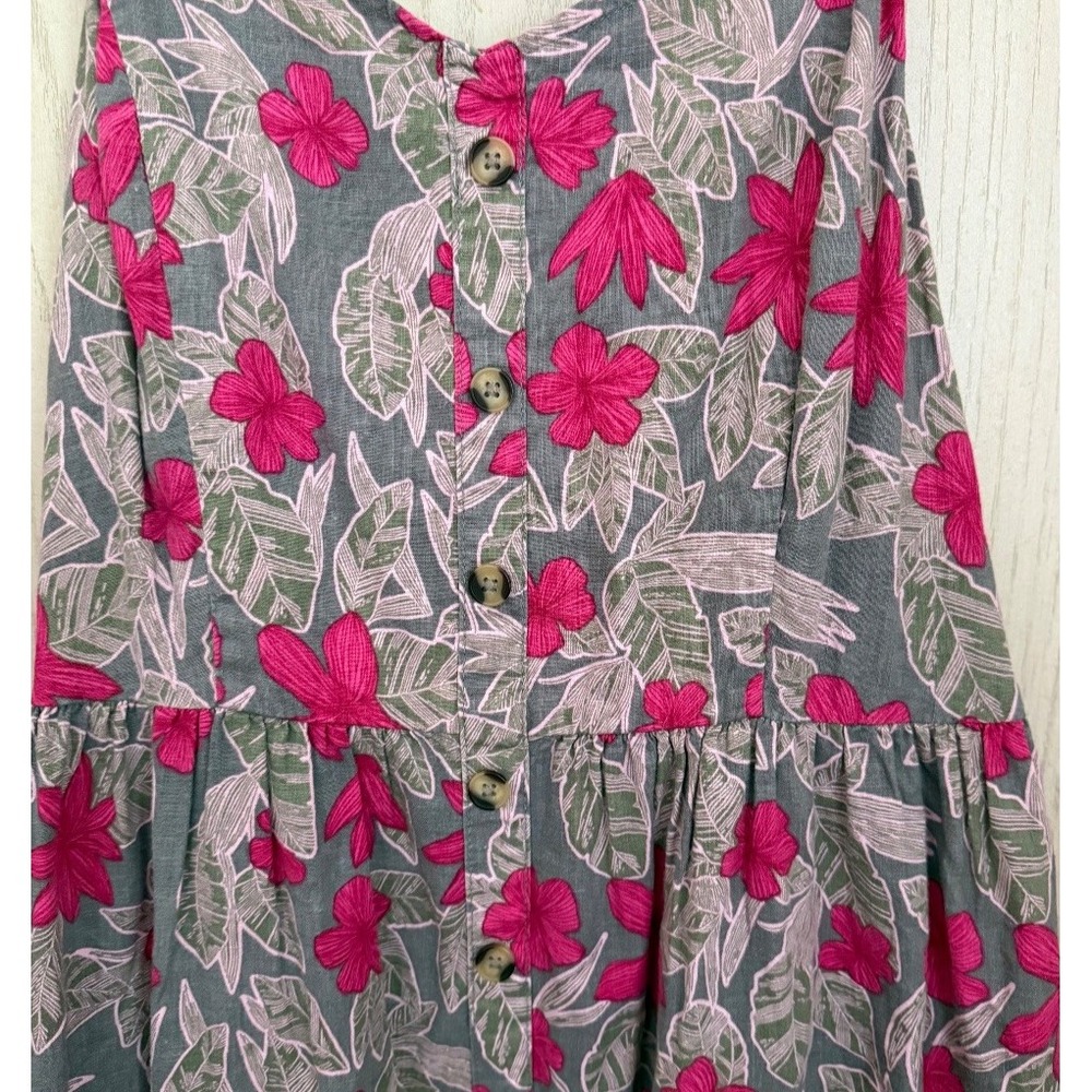 Tropical Floral Button Front Midi Dress L Linen Blend Braided Strap Cottagecore - Picture 5 of 7